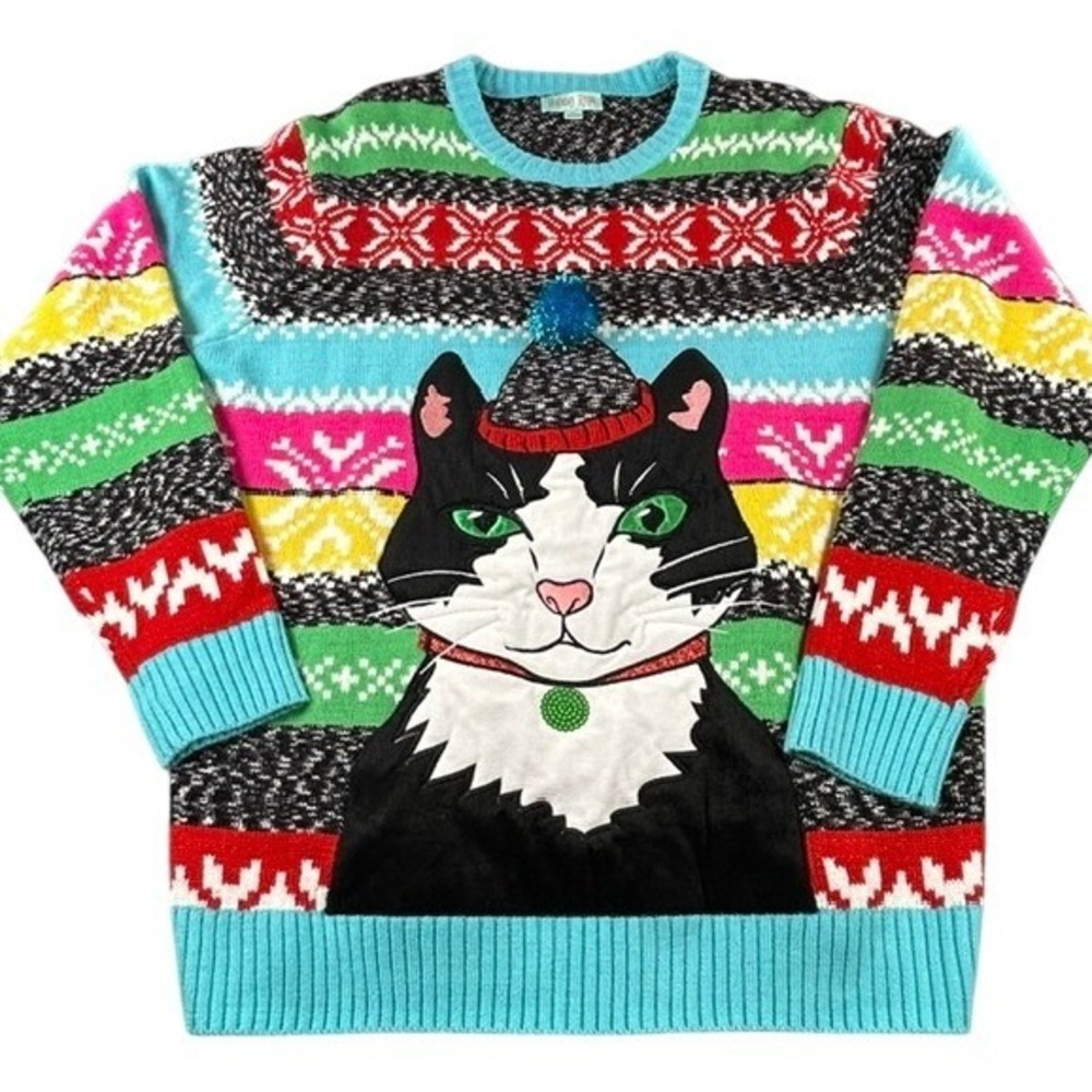 Festive Tuxedo Cat Women's Colorful Ugly Christmas Sweater XL Holiday Pom Pom